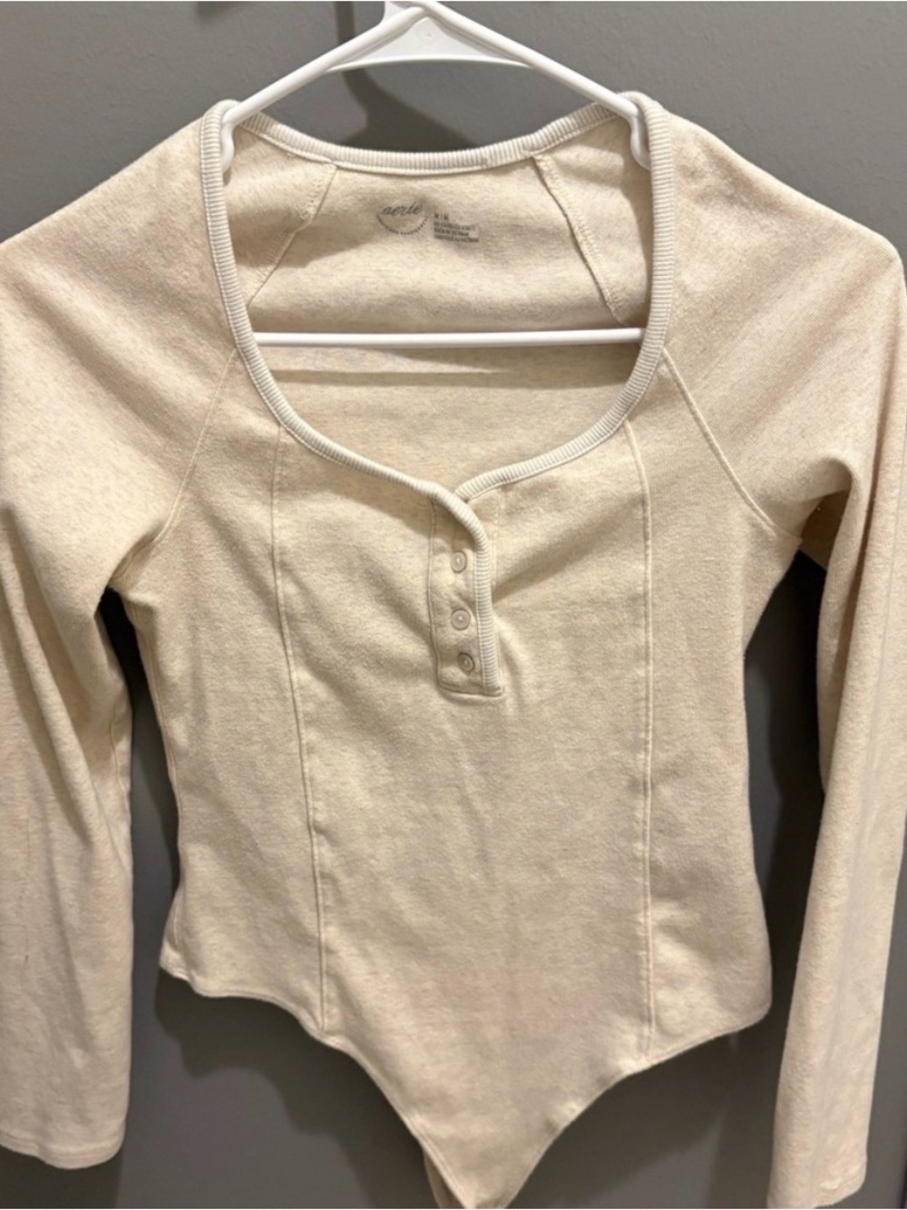 Aerie Cream Long Sleeve Ribbed Henley Bodysuit - Picture 2 of 6